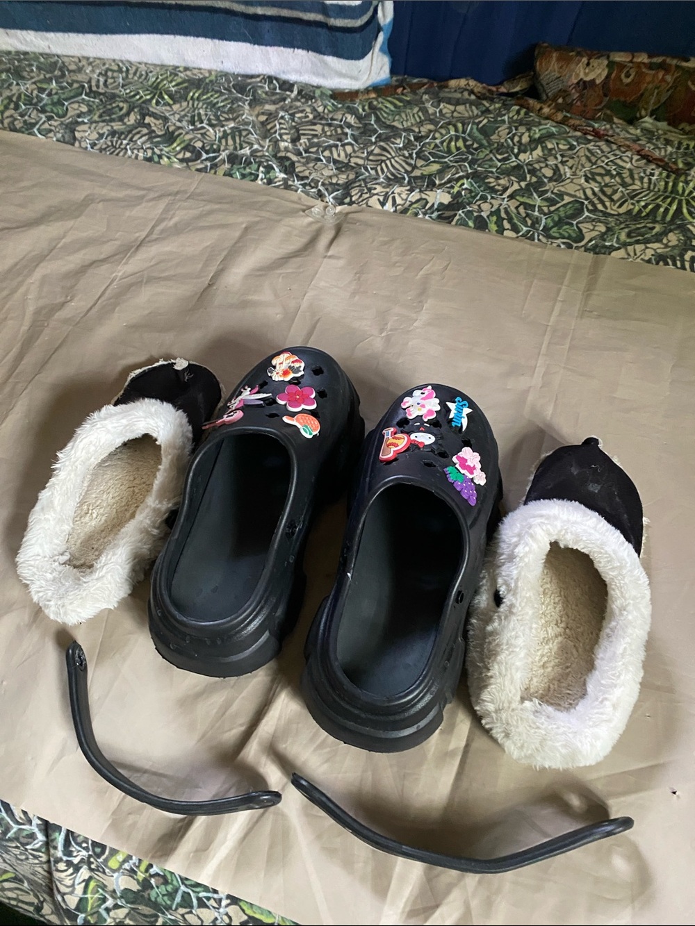 Black Clog Slip-Ons with Floral Charms and Fuzzy Slippers